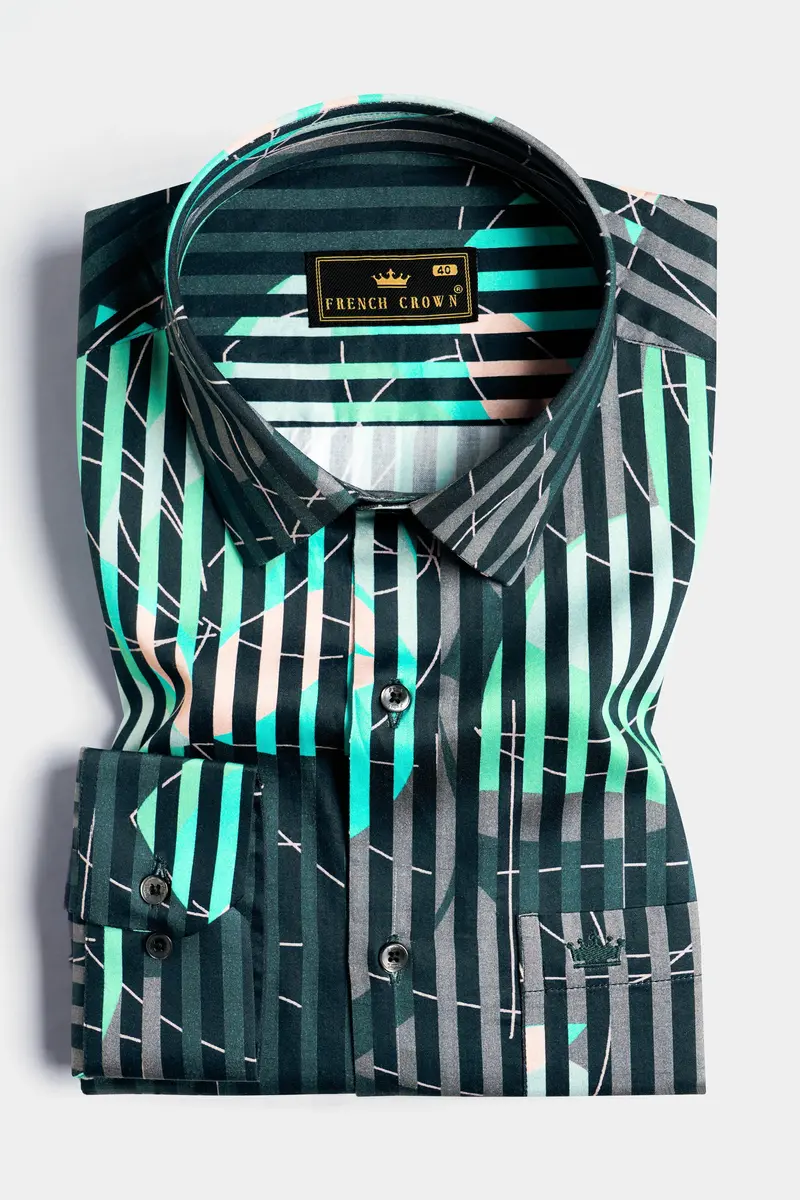 Plantation Green With Almond Beige And Mountain Green Linear Abstract Printed Subtle Sheen Super Soft Premium Cotton Designer Shirt 5