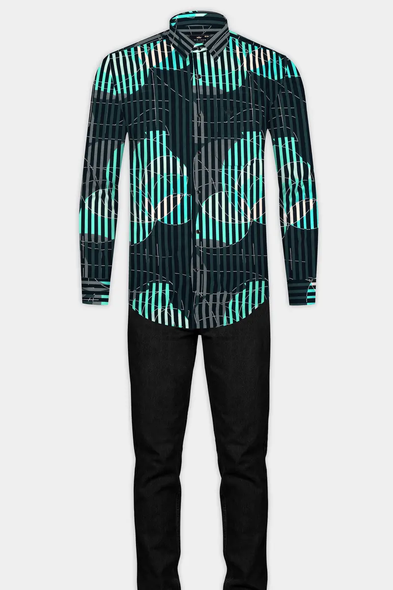 Plantation Green With Almond Beige And Mountain Green Linear Abstract Printed Subtle Sheen Super Soft Premium Cotton Designer Shirt 7