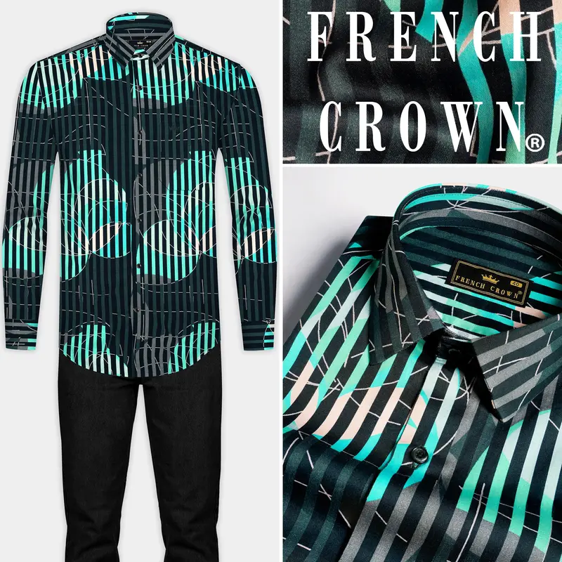 Plantation Green With Almond Beige And Mountain Green Linear Abstract Printed Subtle Sheen Super Soft Premium Cotton Designer Shirt 9