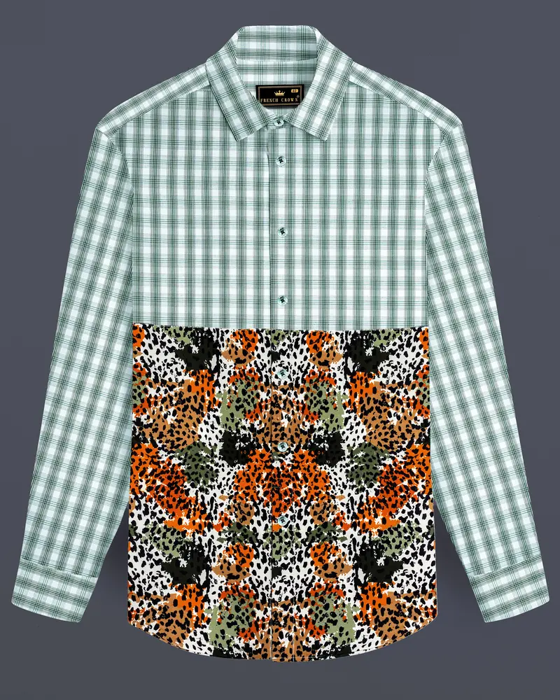 Plantation Green With White Checkered And Tiger Striped Premium Cotton Designer Shirt 1