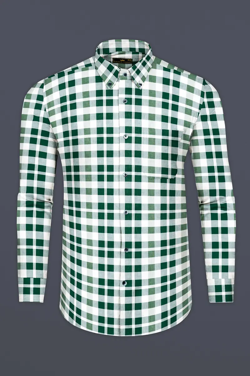 Plantation Green With White Plaid Dobby Premium Cotton Shirt 4