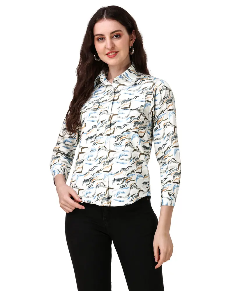 Platinum Cream With Multicolour Printed Super Soft Premium Cotton Women’S Shirt 2