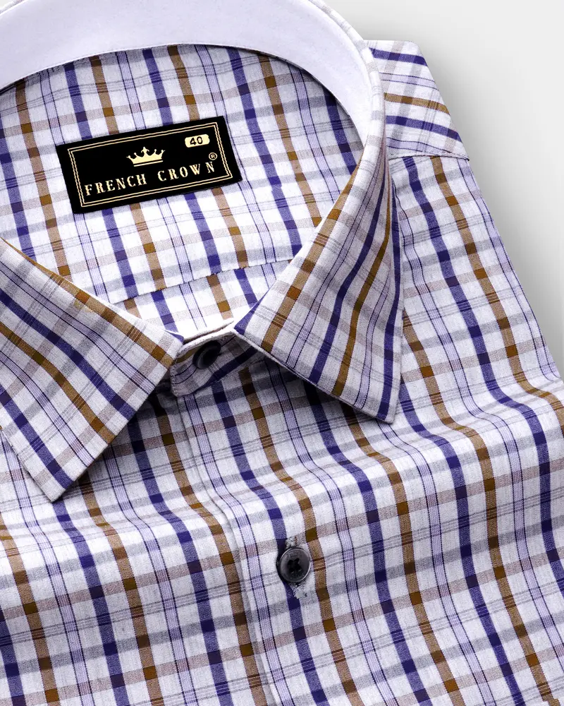 Platinum Gray With Purply Blue And Otter Brown Plaid Poplin Giza Cotton Shirt 1