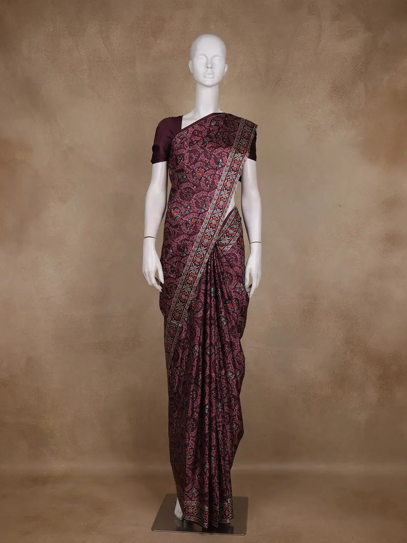 Plum Maroon Floral Printed Design Tussar Saree With Contrasting Geometric Border 1