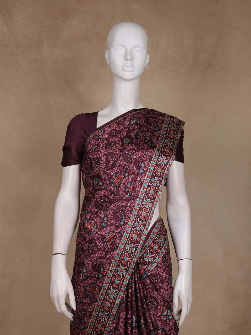 Plum Maroon Floral Printed Design Tussar Saree With Contrasting Geometric Border 2