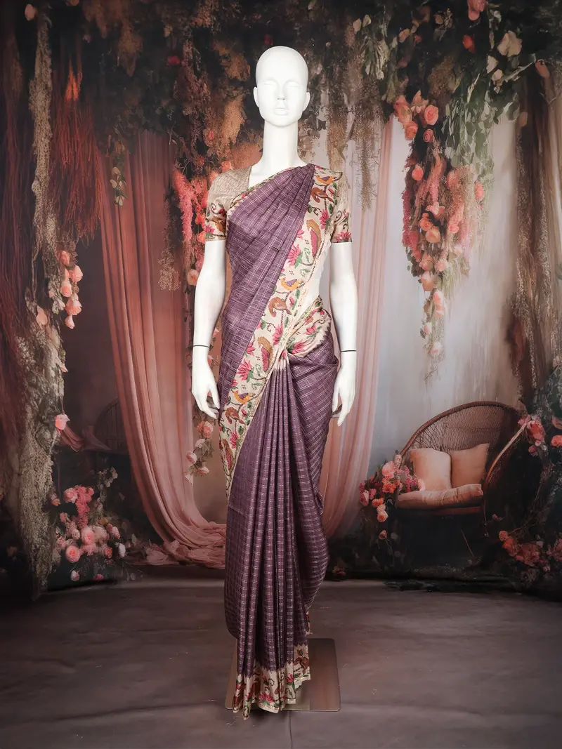Plum Purple Checked Design Tussar Saree With Contrast Cream Floral And Birds Border 1