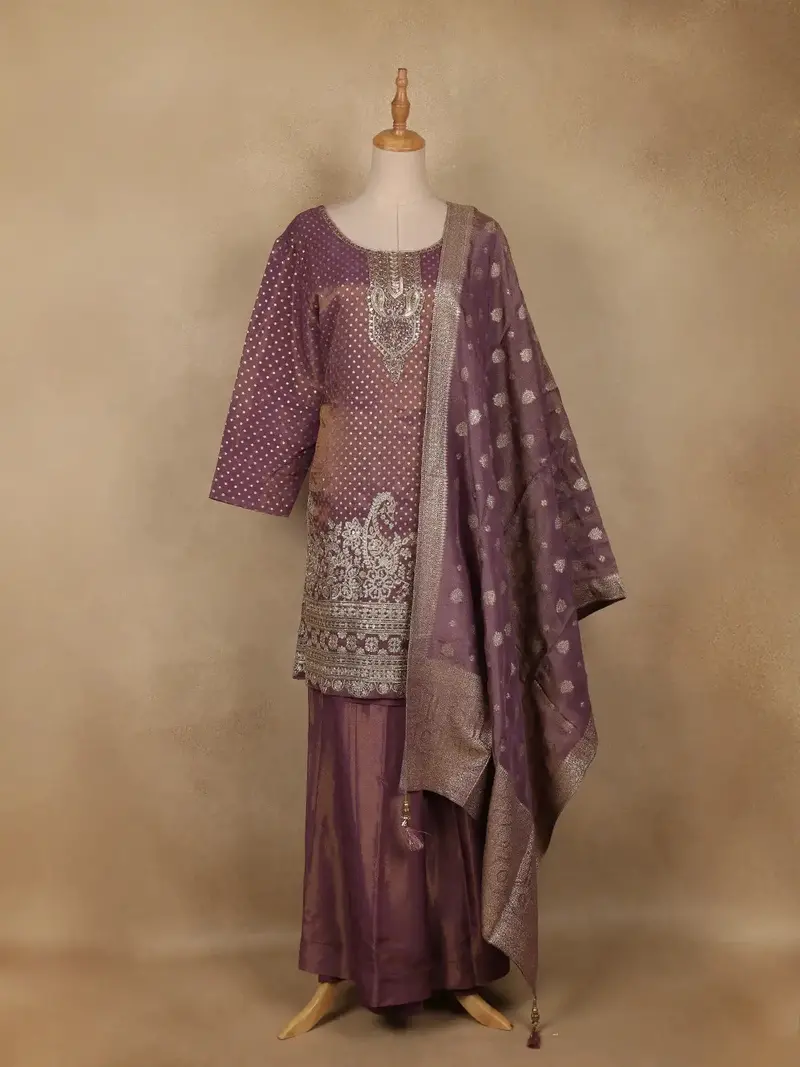 Plum Purple Dots Designed Banarasi Silk Palazzo Salwar Suit 1