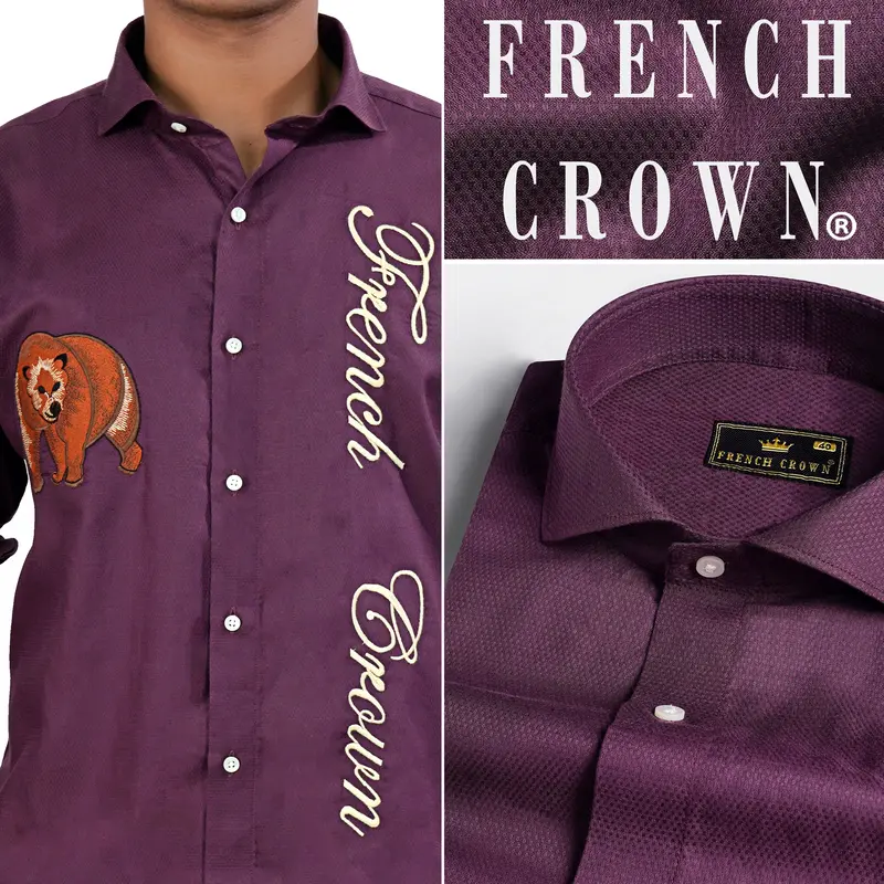 Plum Purple Embroidered Dobby Textured Premium Giza Cotton Designer Shirt 1