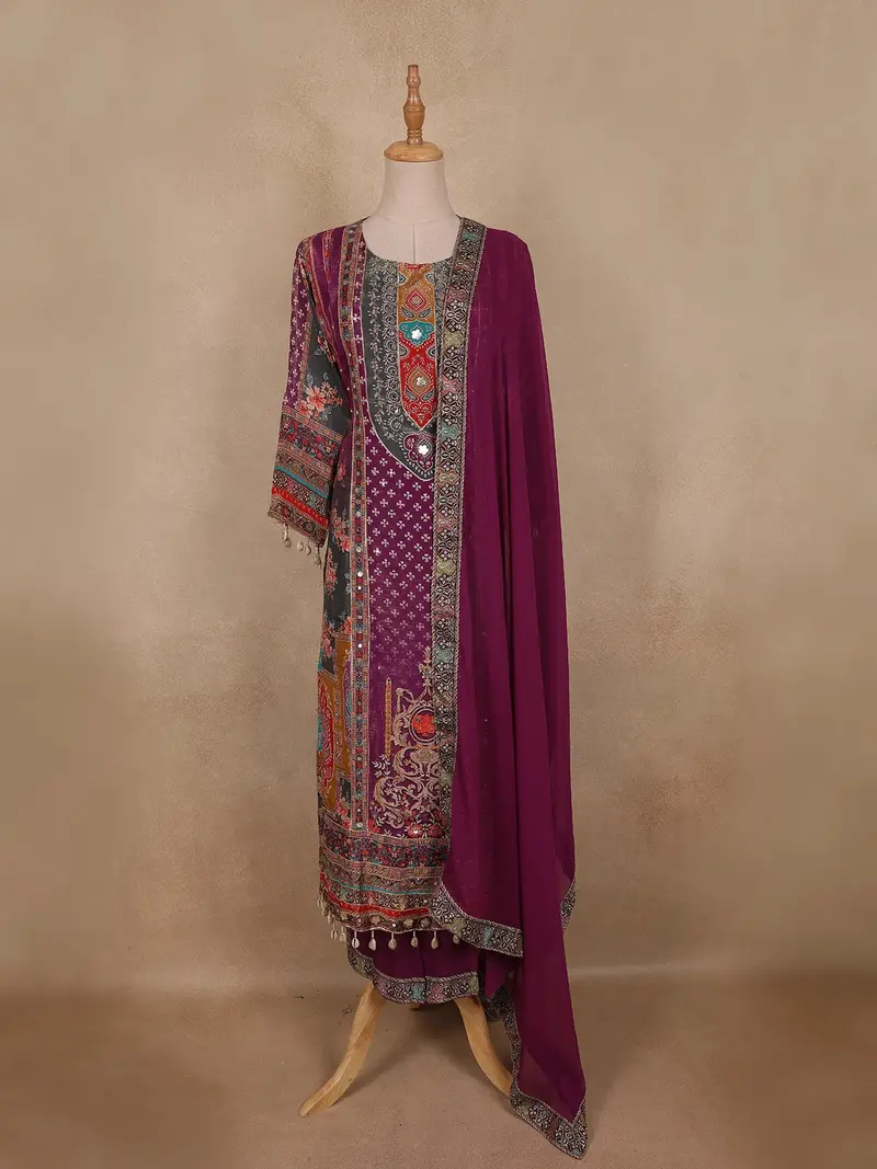 Plum Purple Ethnic Printed Design Georgette Palazzo Suit 1