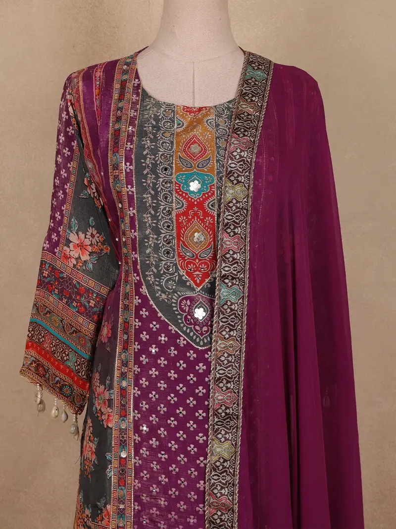 Plum Purple Ethnic Printed Design Georgette Palazzo Suit 2