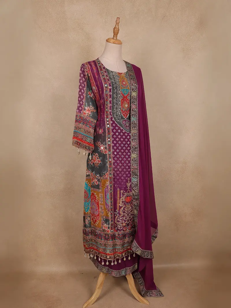 Plum Purple Ethnic Printed Design Georgette Palazzo Suit 3