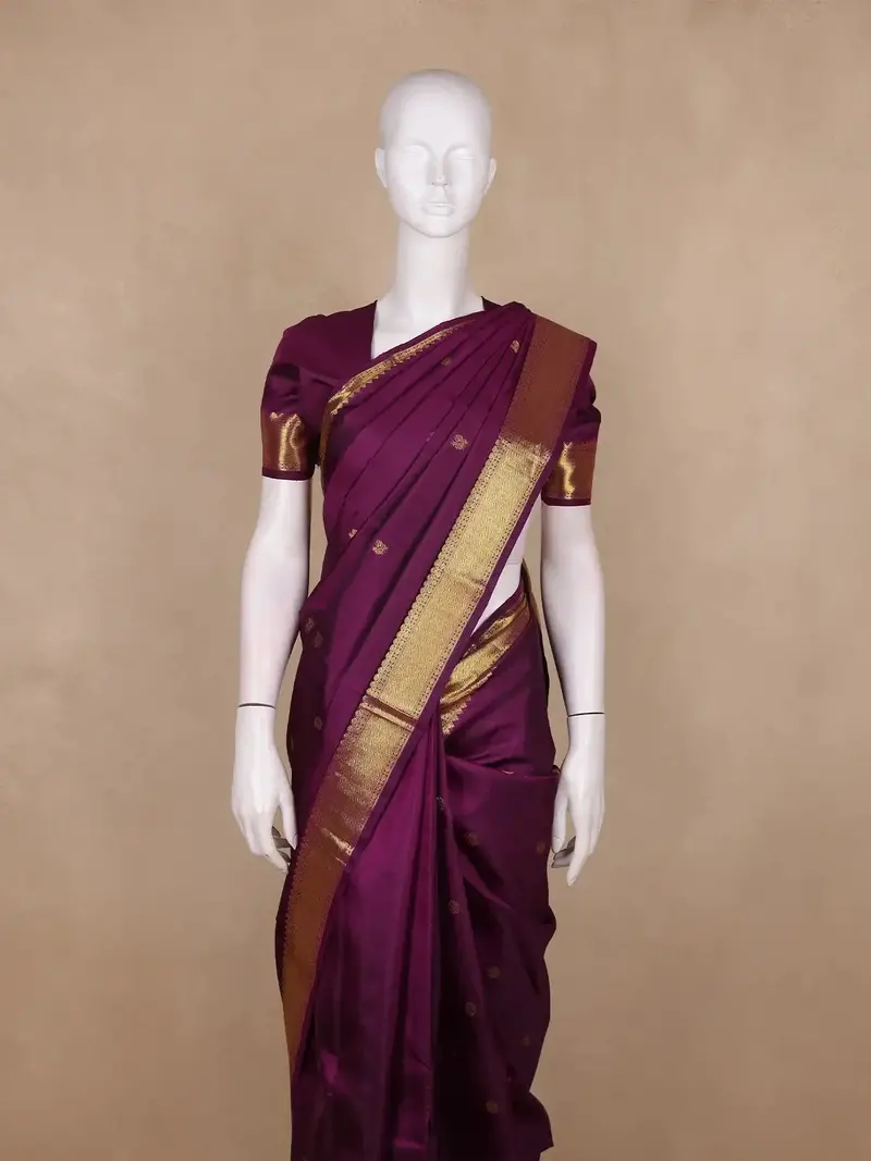 Plum Purple Floral Butta Design Pure Kanchipuram Silk Saree 1