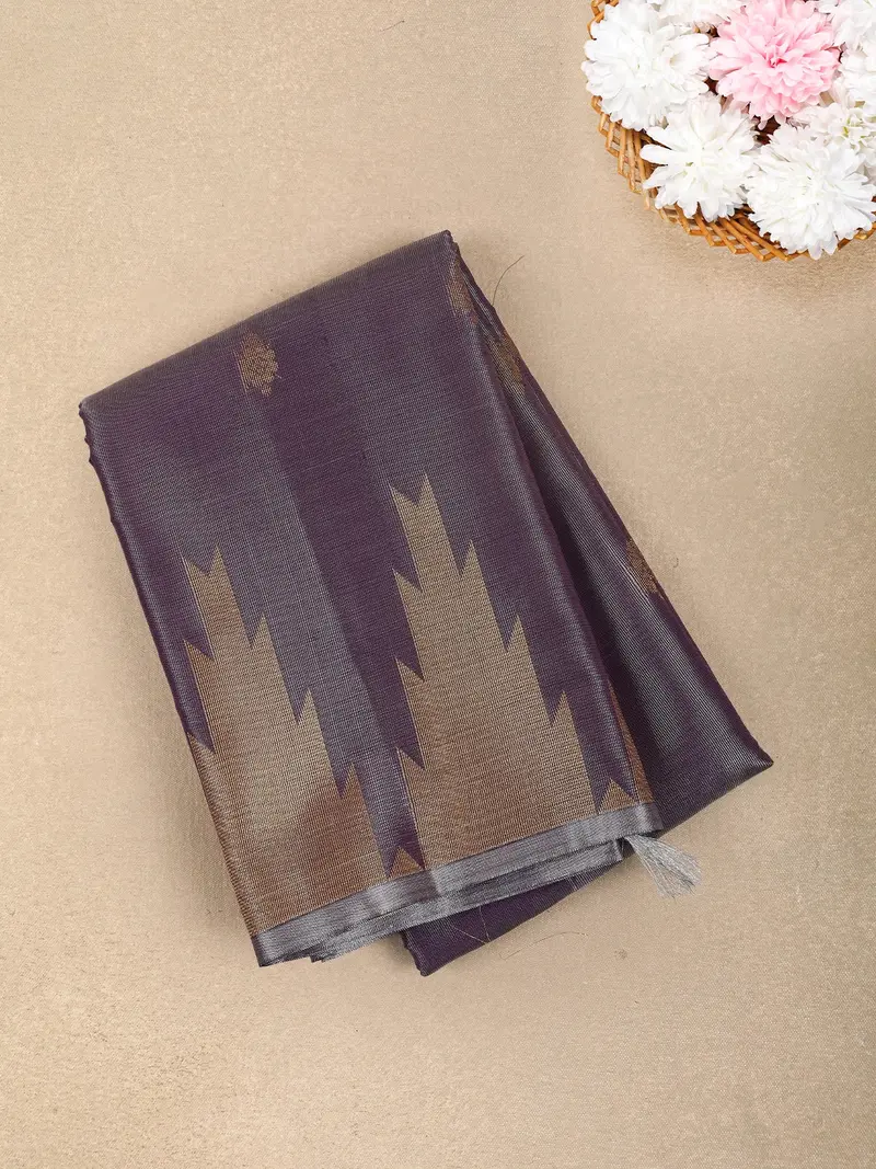 Plum Purple Floral Butta Zari Woven Design Tissue Designer Saree With Temple Border 1