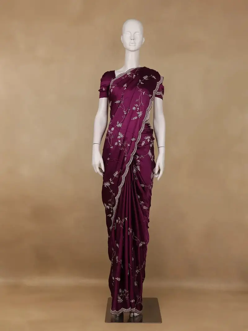 Plum Purple Floral Embroidered Satin Saree 1