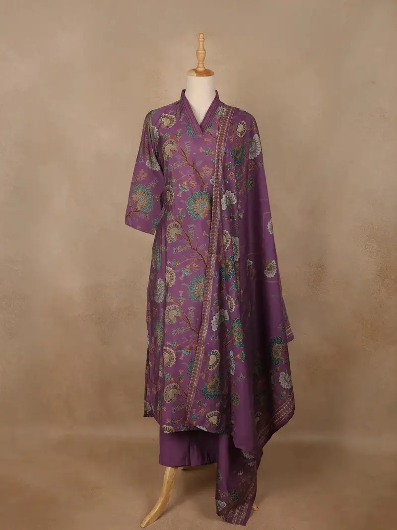 Plum Purple Floral Printed Cotton Salwar Suit 1