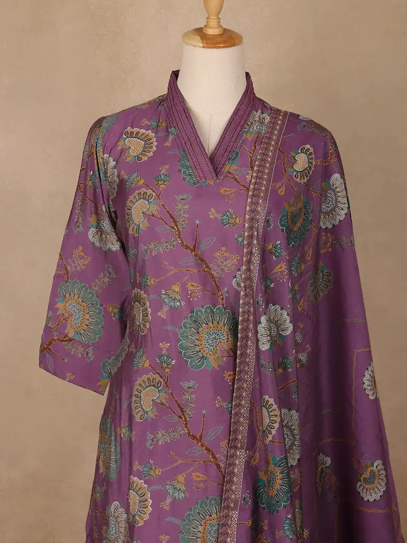 Plum Purple Floral Printed Cotton Salwar Suit 2