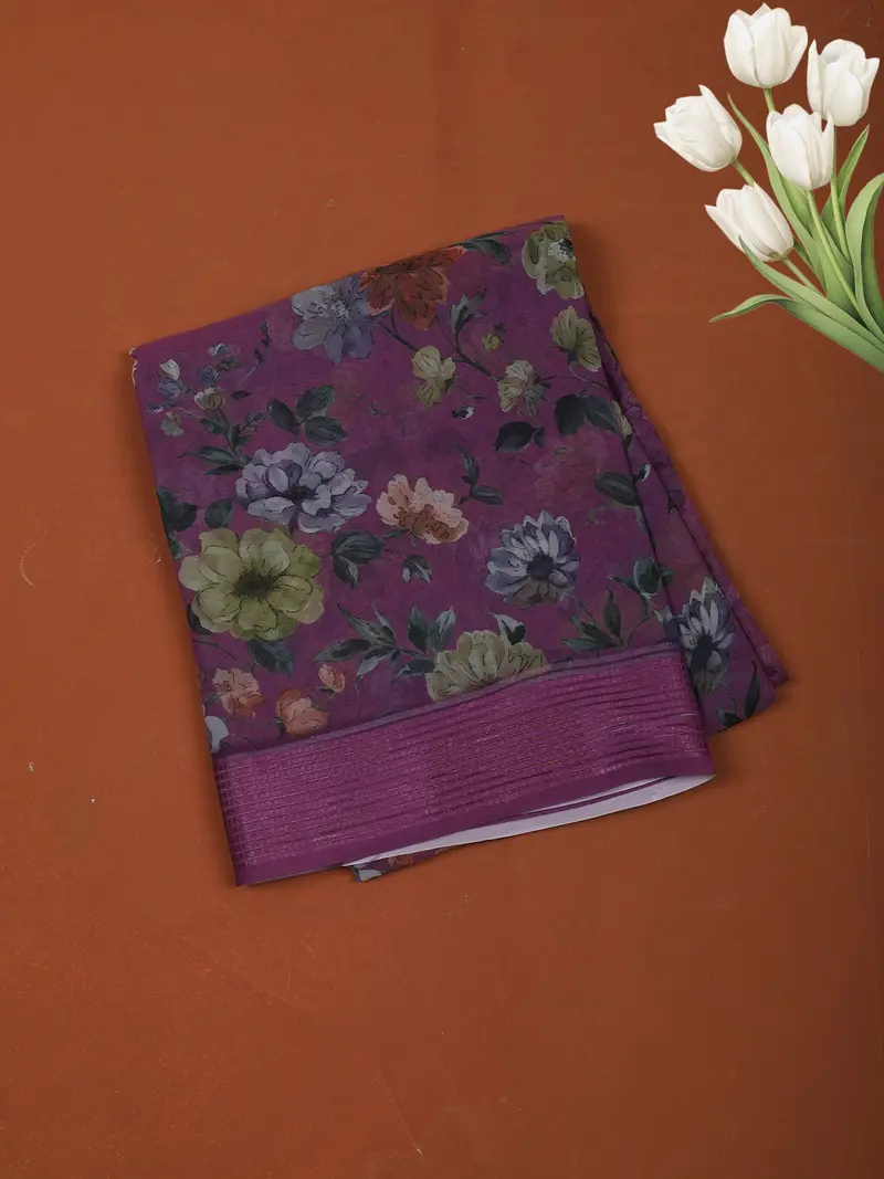 Plum Purple Floral Printed Design Chiffon Casual Saree With Striped Border 1