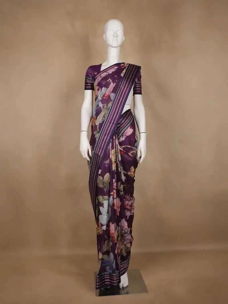 Plum Purple Floral Printed Kota Cotton Saree 1