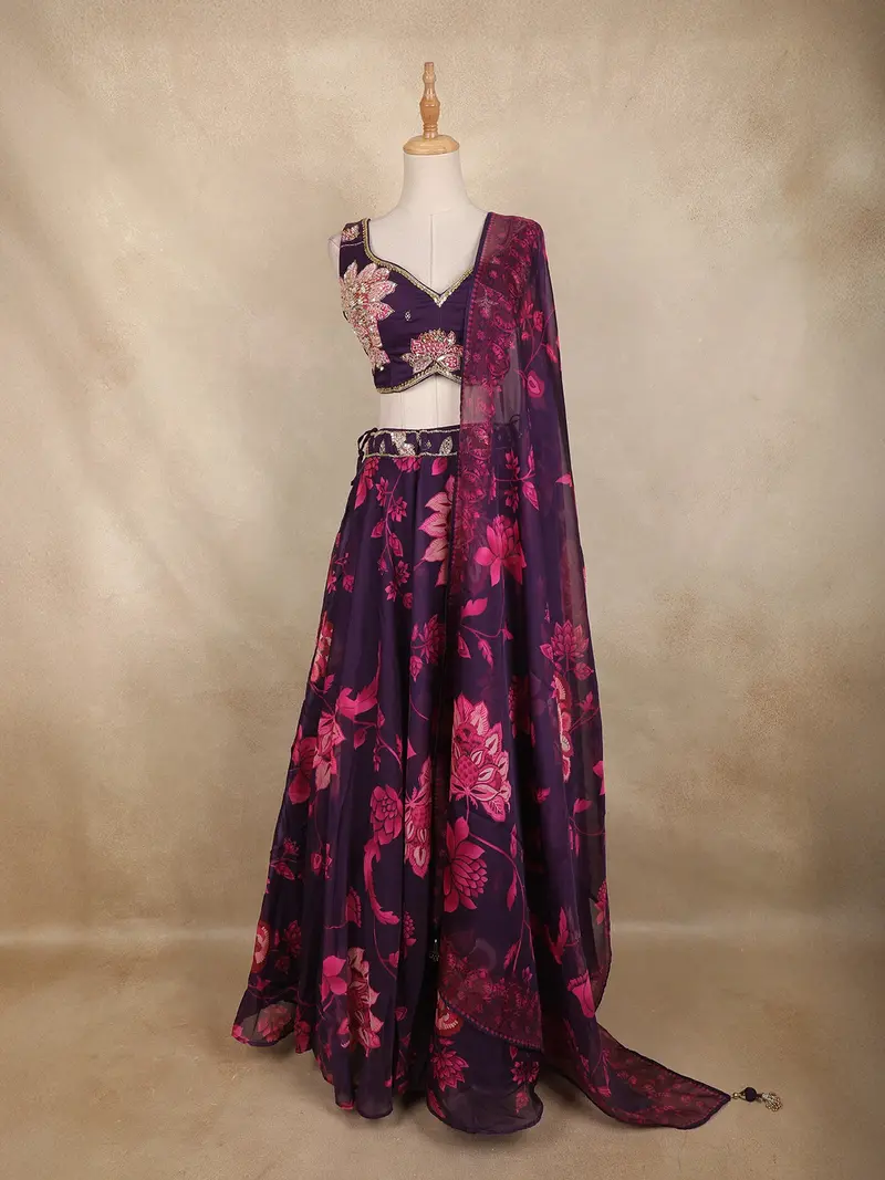 Plum Purple Floral Printed Organza Lehenga With Sequins Embroidered Blouse And Dupatta 1