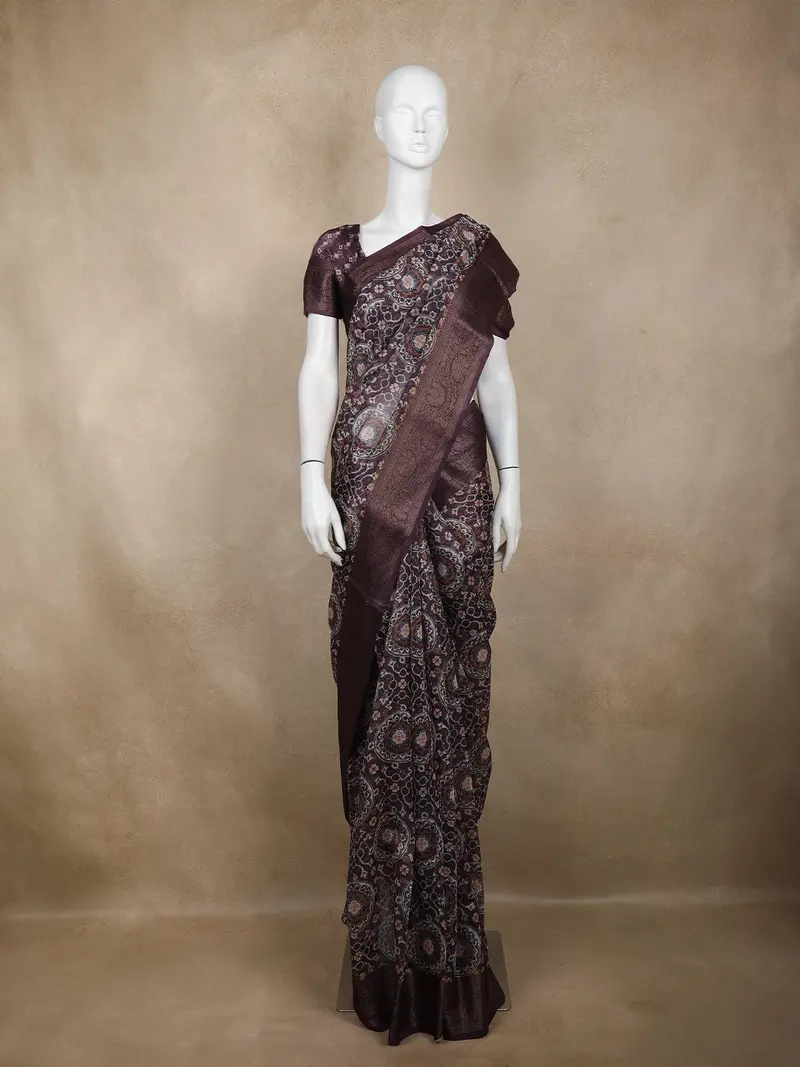 Plum Purple Floral Woven Design Chanderi Cotton Saree With Zari Woven Border 1
