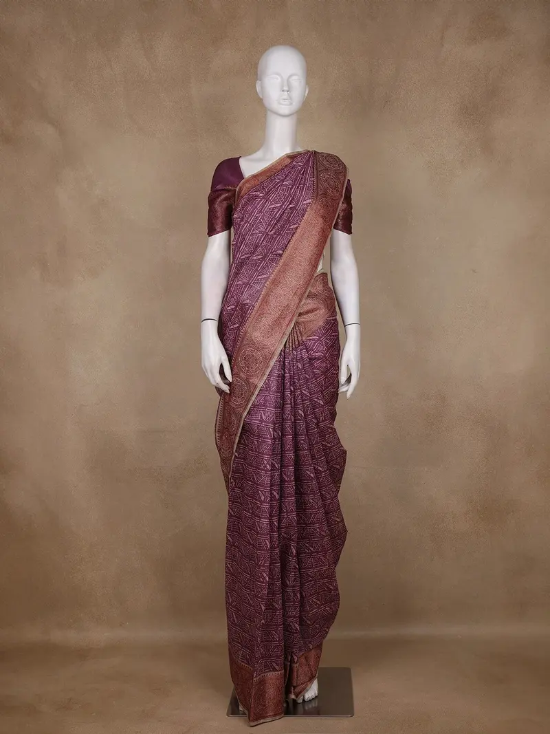 Plum Purple Geometric Printed Tussar Saree With Zari Woven Border 1