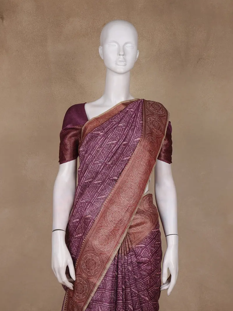 Plum Purple Geometric Printed Tussar Saree With Zari Woven Border 2