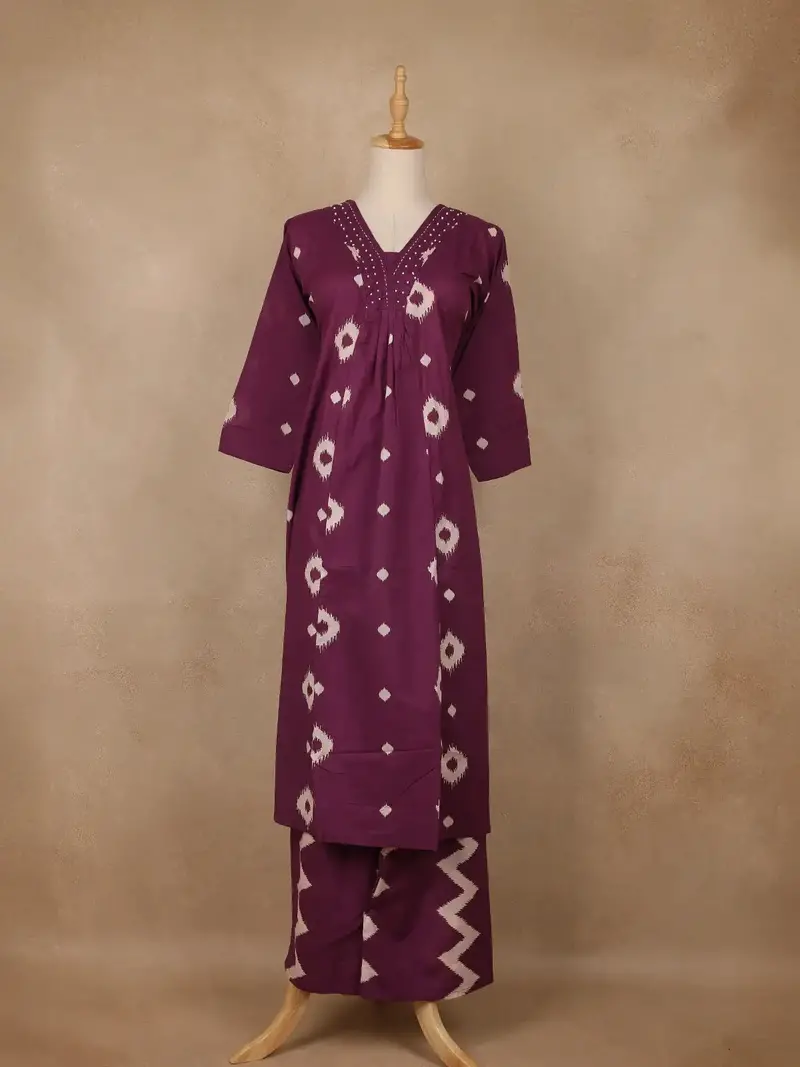 Plum Purple Ikat Printed Cotton Salwar Suit 1