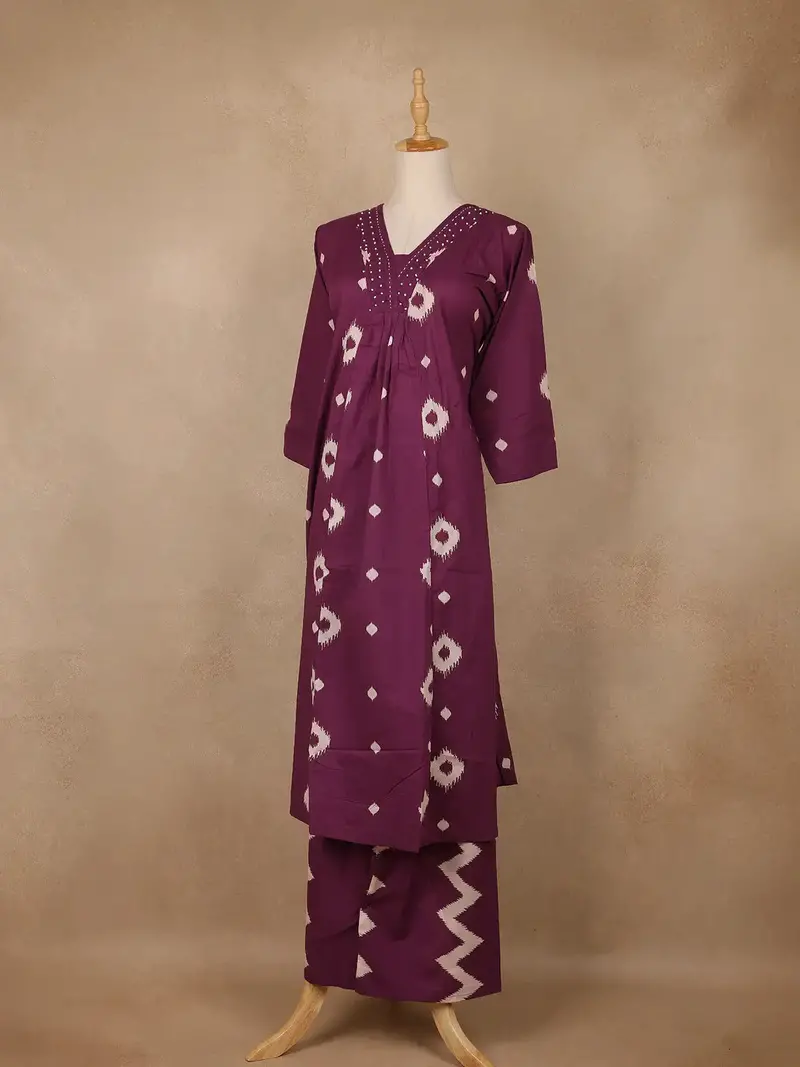 Plum Purple Ikat Printed Cotton Salwar Suit 3
