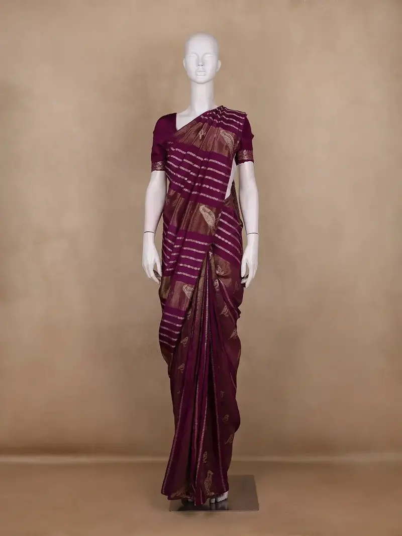 Plum Purple Striped Design Semi Tissue Saree 1