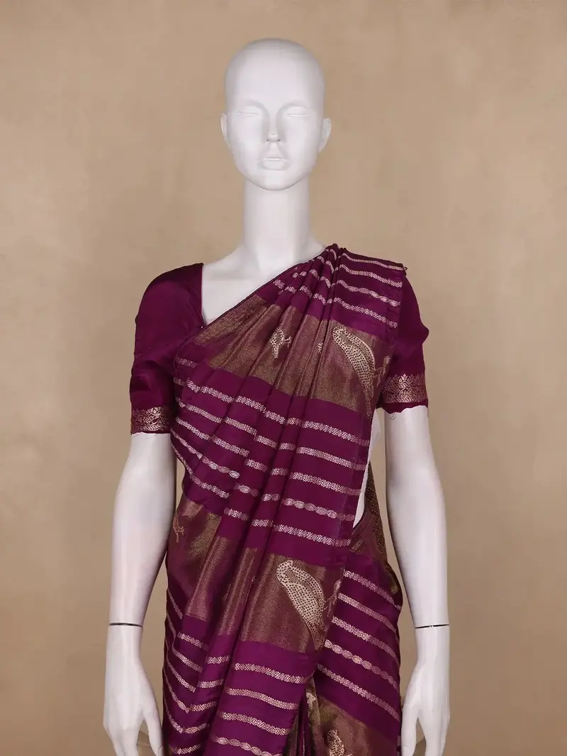 Plum Purple Striped Design Semi Tissue Saree 2