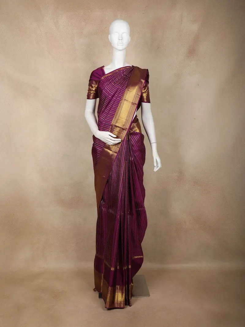 Plum Purple Stripes Woven Design Pure Kanchipuram Silk Saree With Gold Zari Woven Border 1