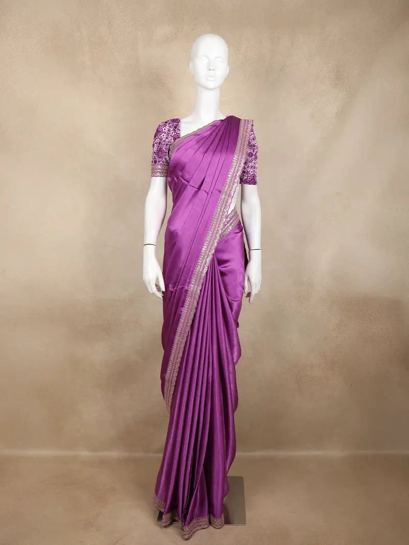 Plum Satin Saree With Designer Border 1