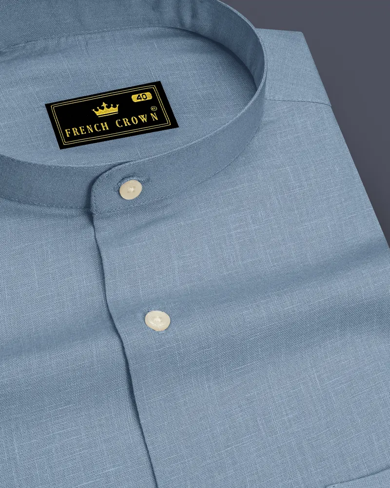 Poise-Waterloo Blue Luxurious Linen Mandarin Dress Shirt 1