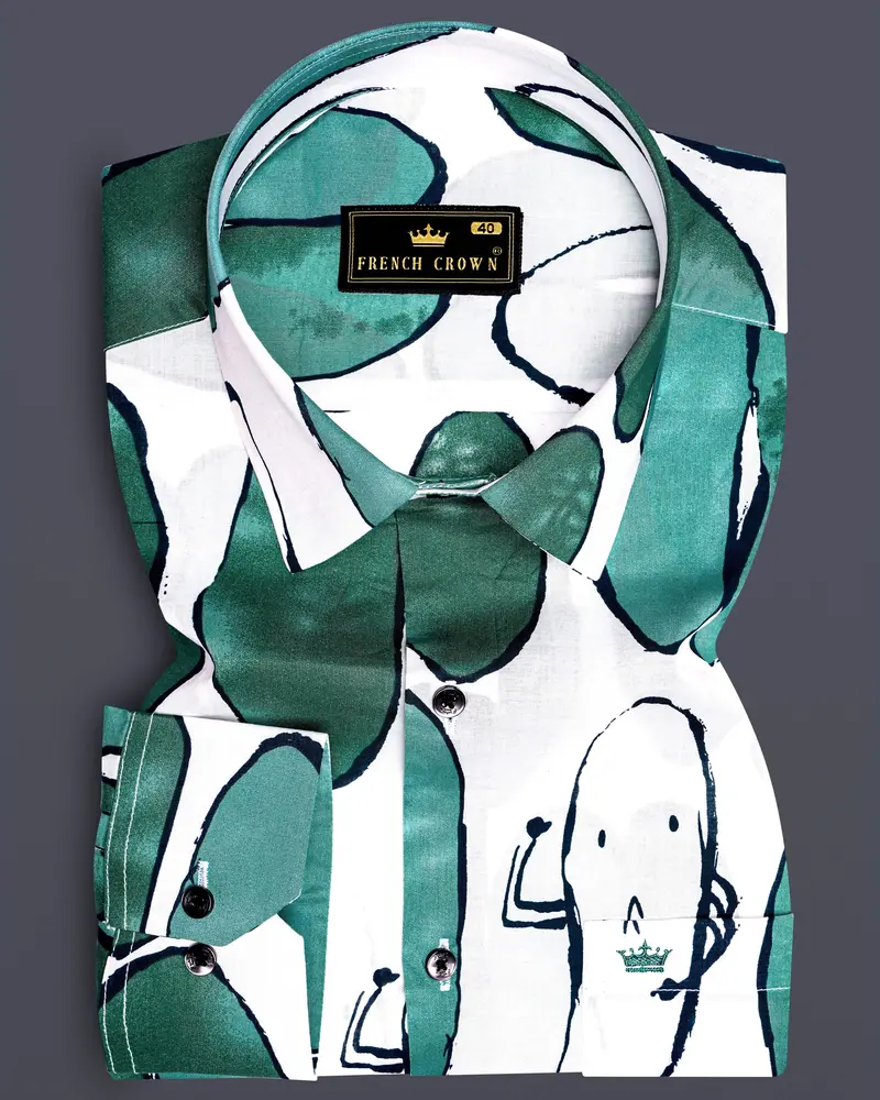 Polar Mist-Glacier Green With Bright White Printed Lightweight Premium Cotton Casual Shirt 1