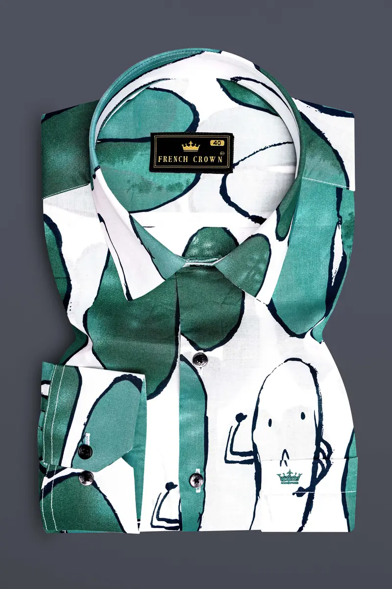 Polar Mist-Glacier Green With Bright White Printed Lightweight Premium Cotton Casual Shirt 2