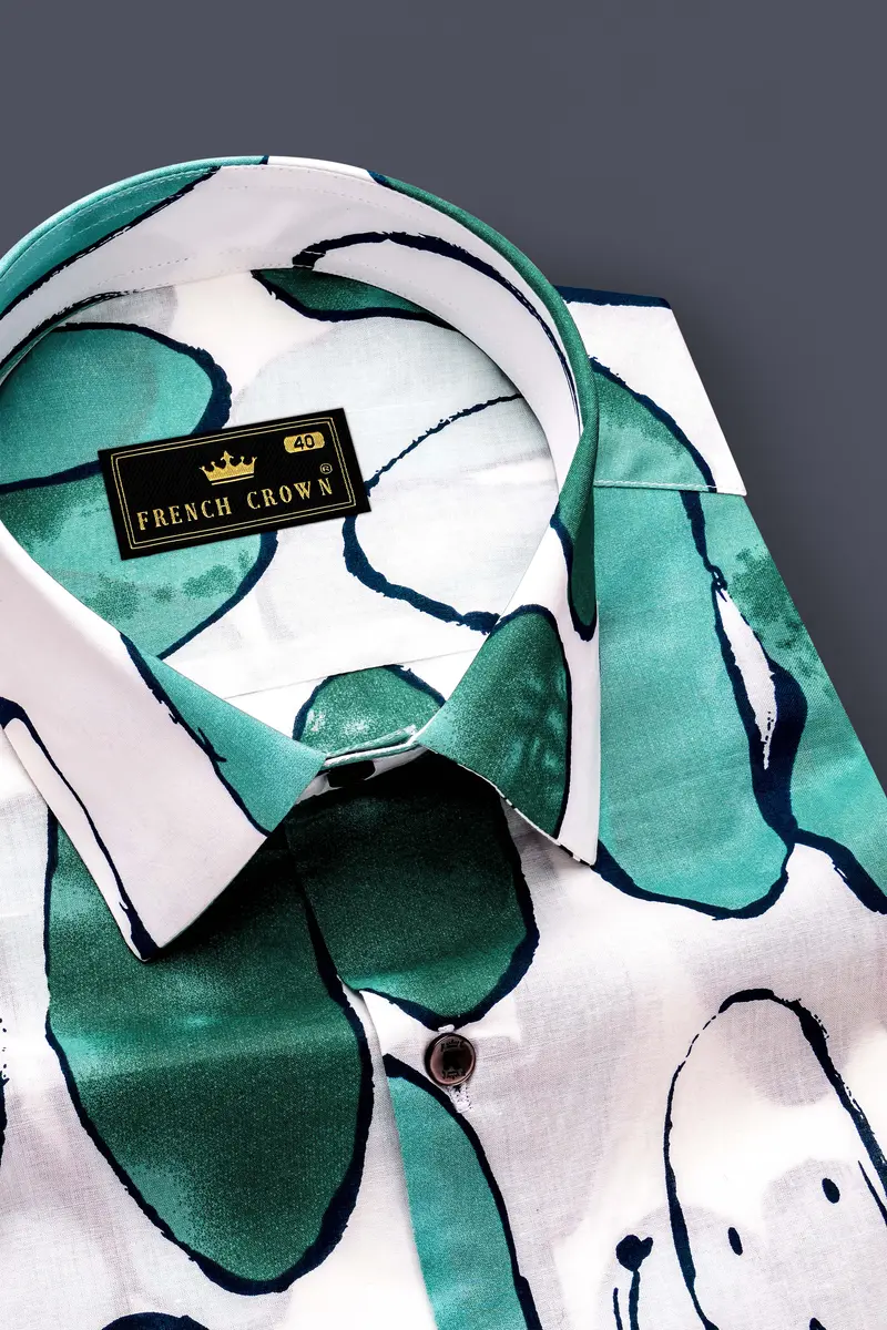 Polar Mist-Glacier Green With Bright White Printed Lightweight Premium Cotton Casual Shirt 4