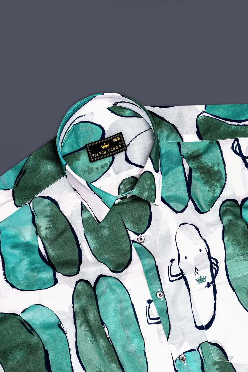 Polar Mist-Glacier Green With Bright White Printed Lightweight Premium Cotton Casual Shirt 5
