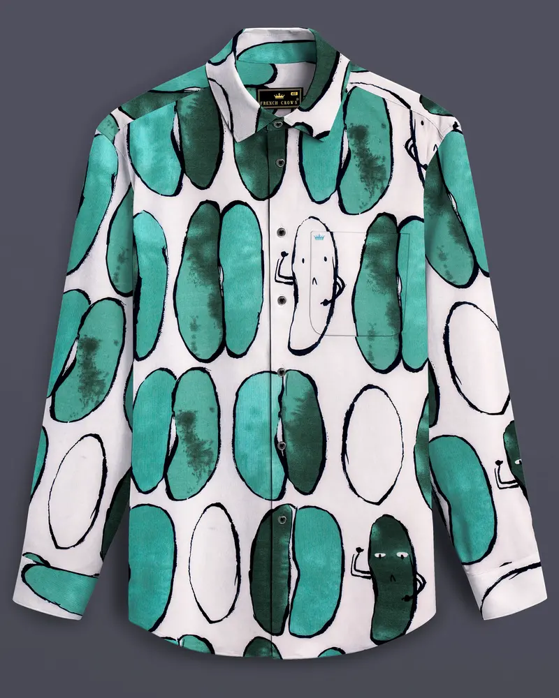 Polar Mist-Glacier Green With Bright White Printed Lightweight Premium Cotton Casual Shirt 8