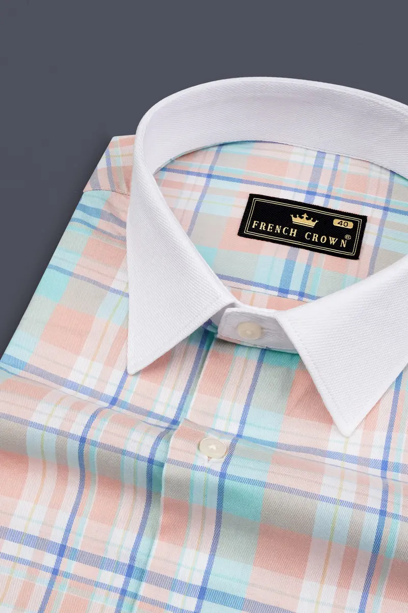 Polo Blue With Oyster Pink And Ziggurat Green Plaid Twill Cotton Shirt 1