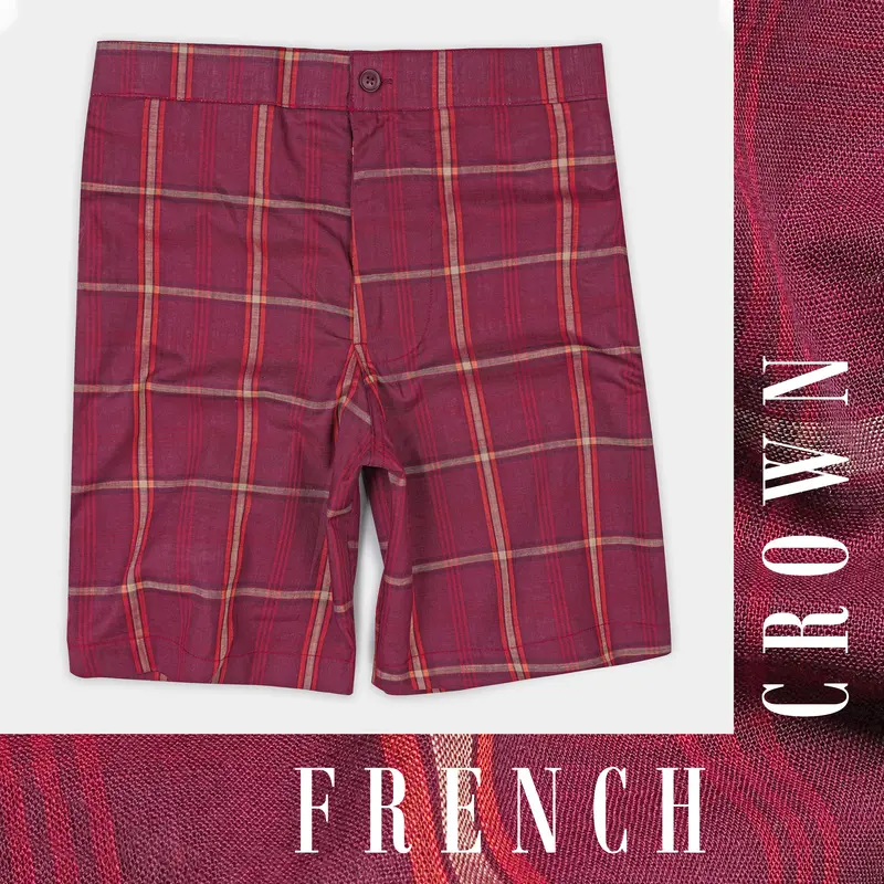 Pompadour Maroon With Quicksand Cream Checkered Premium Cotton Shorts 1