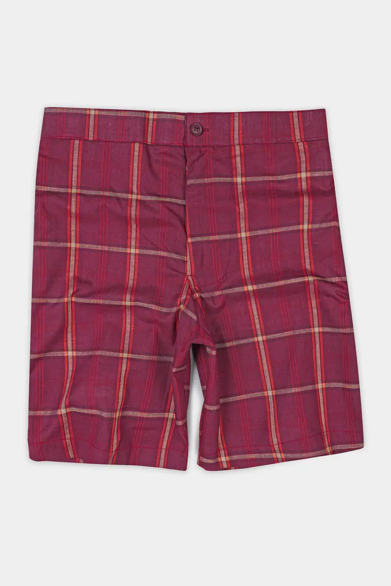 Pompadour Maroon With Quicksand Cream Checkered Premium Cotton Shorts 2