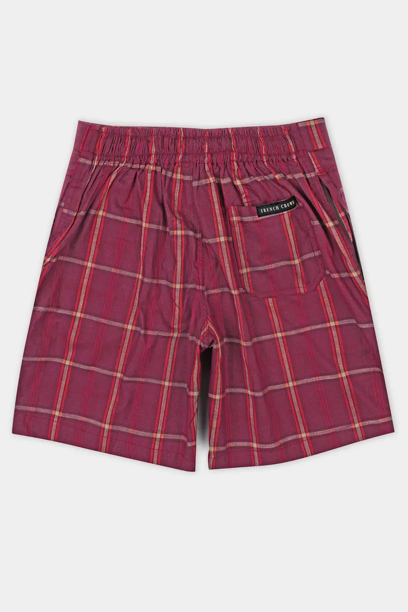 Pompadour Maroon With Quicksand Cream Checkered Premium Cotton Shorts 4