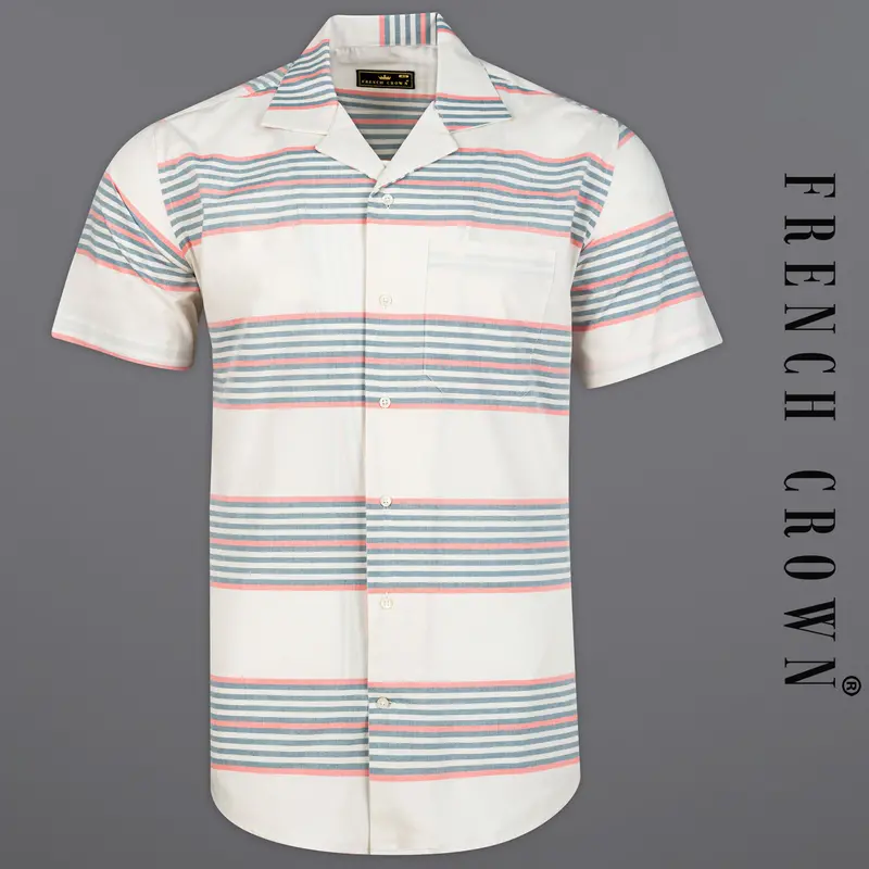 Porcelain Beige Muticolour Striped Premium Cotton Half Sleeves Shirt 1