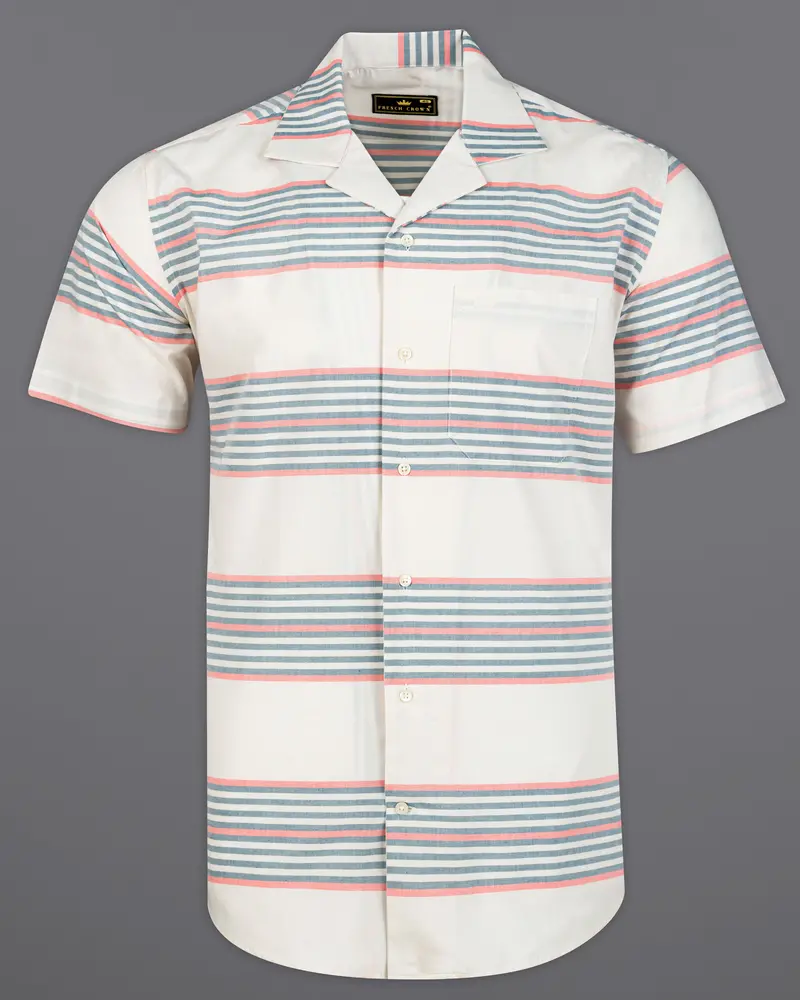 Porcelain Beige Muticolour Striped Premium Cotton Half Sleeves Shirt 2