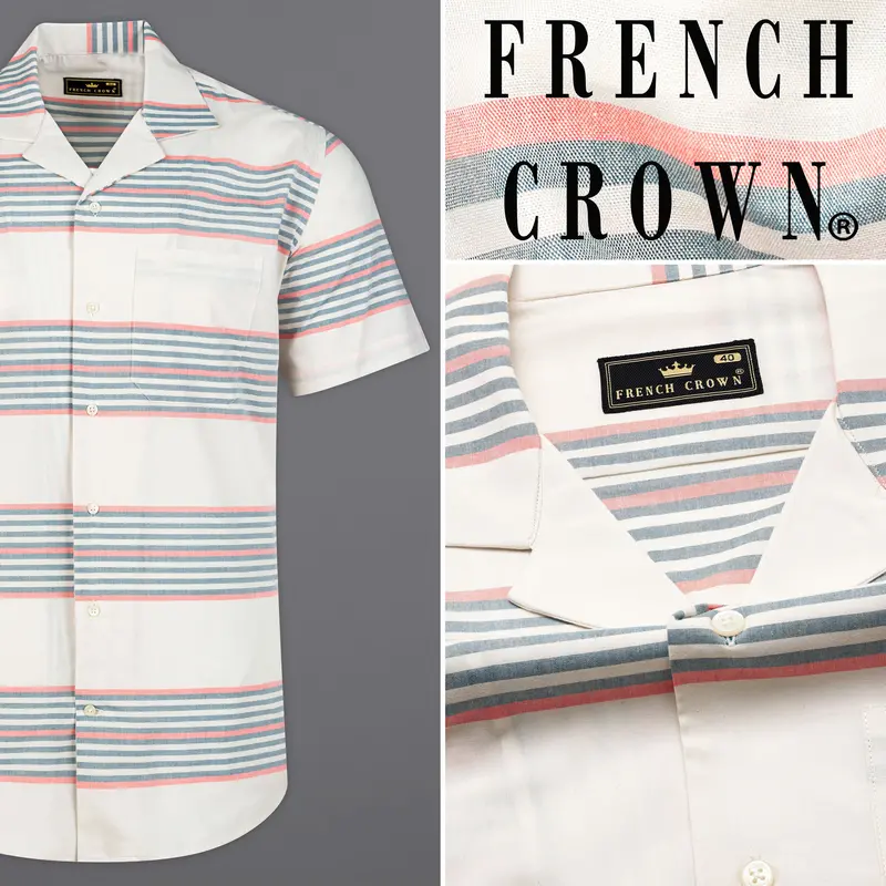 Porcelain Beige Muticolour Striped Premium Cotton Half Sleeves Shirt 9