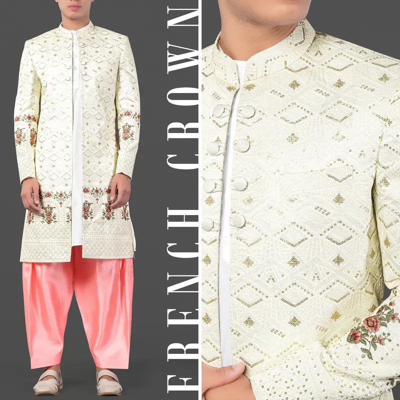 Porcelain Cream And Apricot Peach Multicolour Thread And Sequin Embroidered Indo-Western Sherwani 1