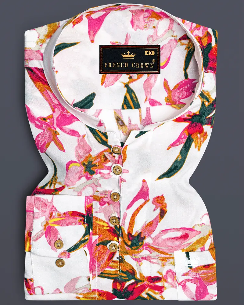 Porcelain Cream Floral Printed Premium Tencel Kurta Shirt 1