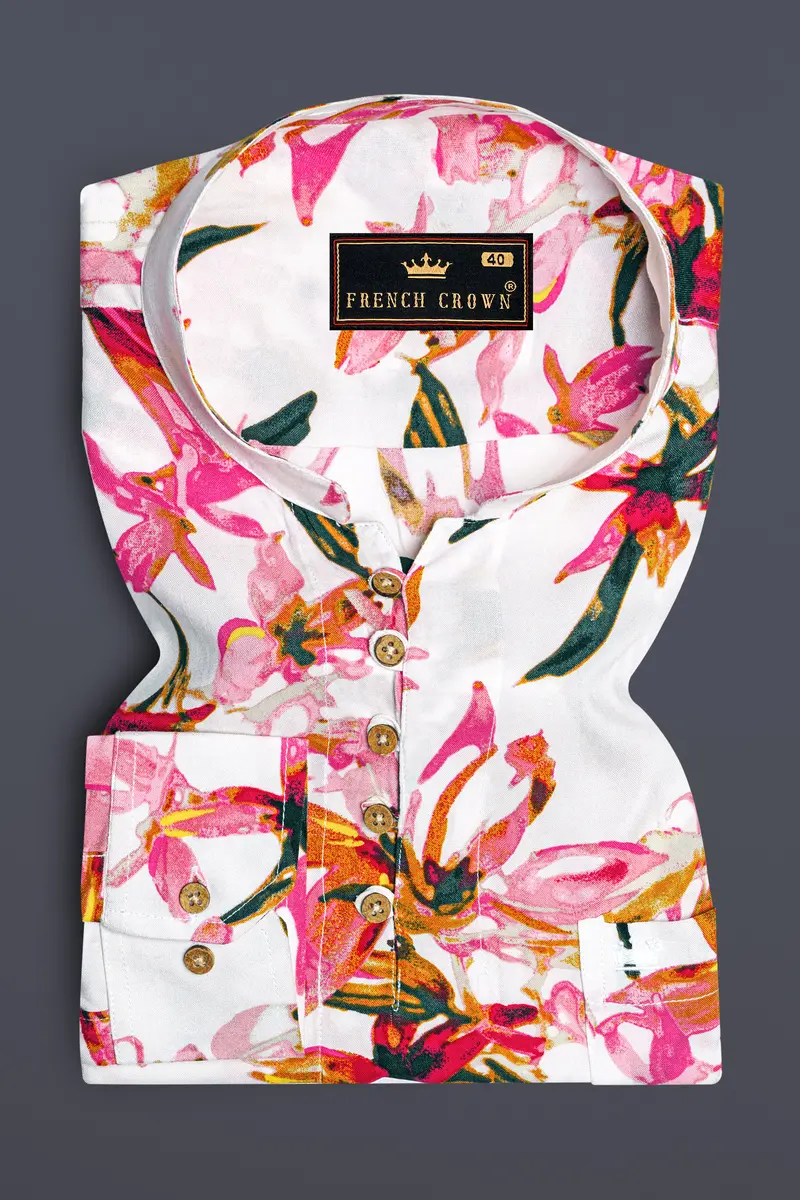 Porcelain Cream Floral Printed Premium Tencel Kurta Shirt 2