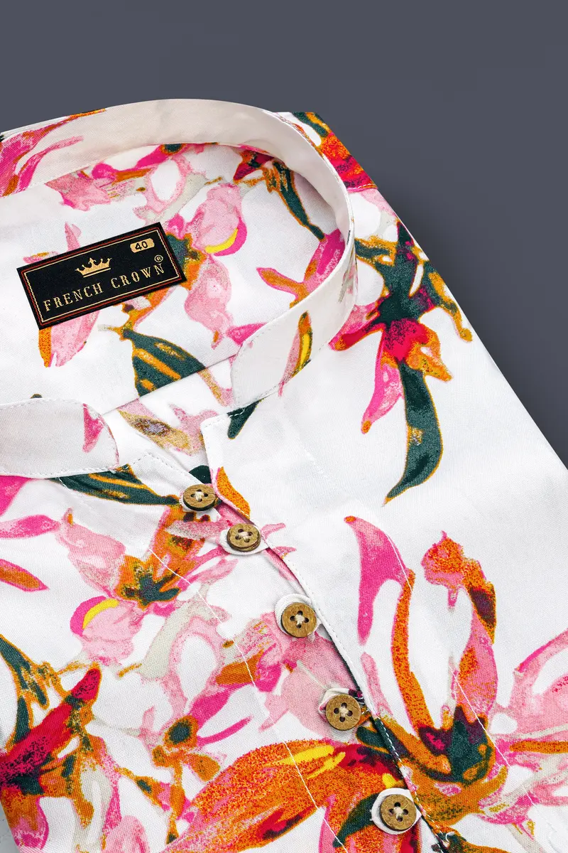Porcelain Cream Floral Printed Premium Tencel Kurta Shirt 4