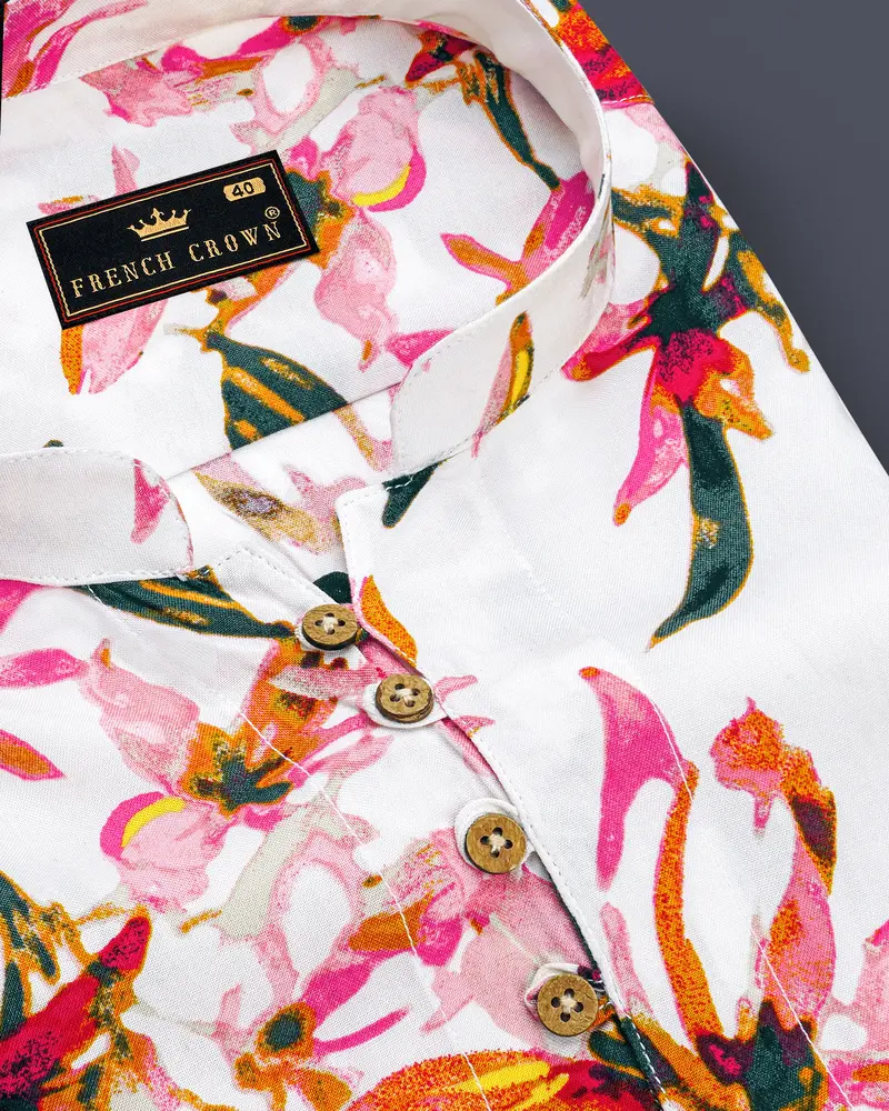 Porcelain Cream Floral Printed Premium Tencel Kurta Shirt 6